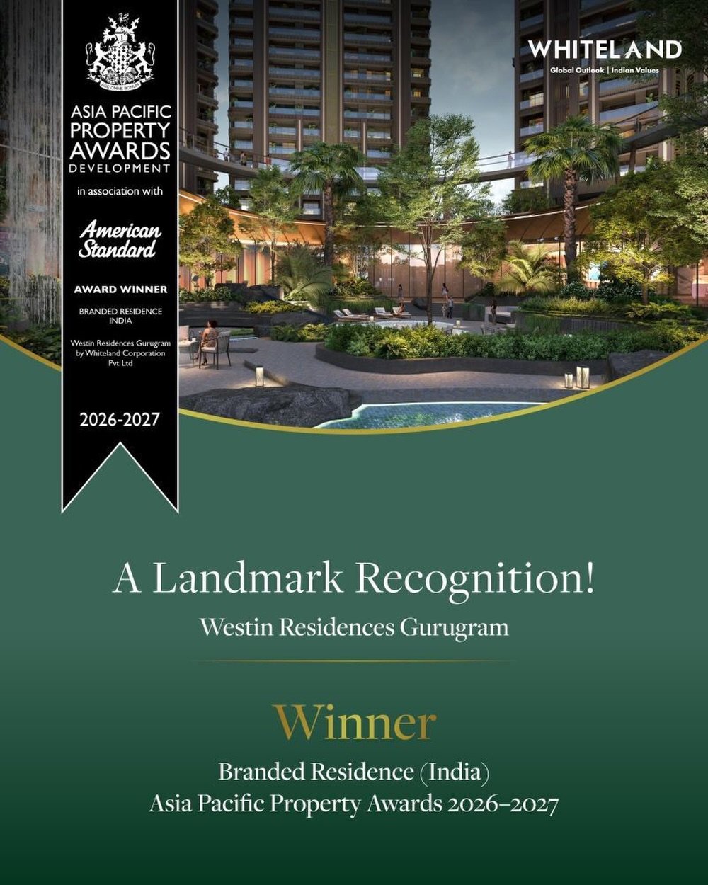 A landmark achievement that reflects excellence at every level ✨
We are delighted to share that Westin Residences Gurugram has been honoured at the Asia Pacific Property Awards 2026–2027, winning in the Branded Residence (India) category.
This recognition is a testament to a vision shaped by global luxury, timeless design, and an uncompromising commitment to detail. Every space at Westin Residences Gurugram is thoughtfully crafted to deliver not just elevated living, but a lifestyle centered around wellness, elegance, and exclusivity.
As we celebrate this milestone, we remain inspired to continue creating iconic addresses that redefine luxury living and set new benchmarks in the world of branded residences.
Here’s to creating experiences that are truly beyond ordinary. ✨
#WestinResidencesGurugram #AsiaPacificPropertyAwards